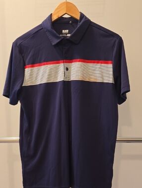 SLIGO Men's Navy Golf Performance Polo with Red & White Striped Chest